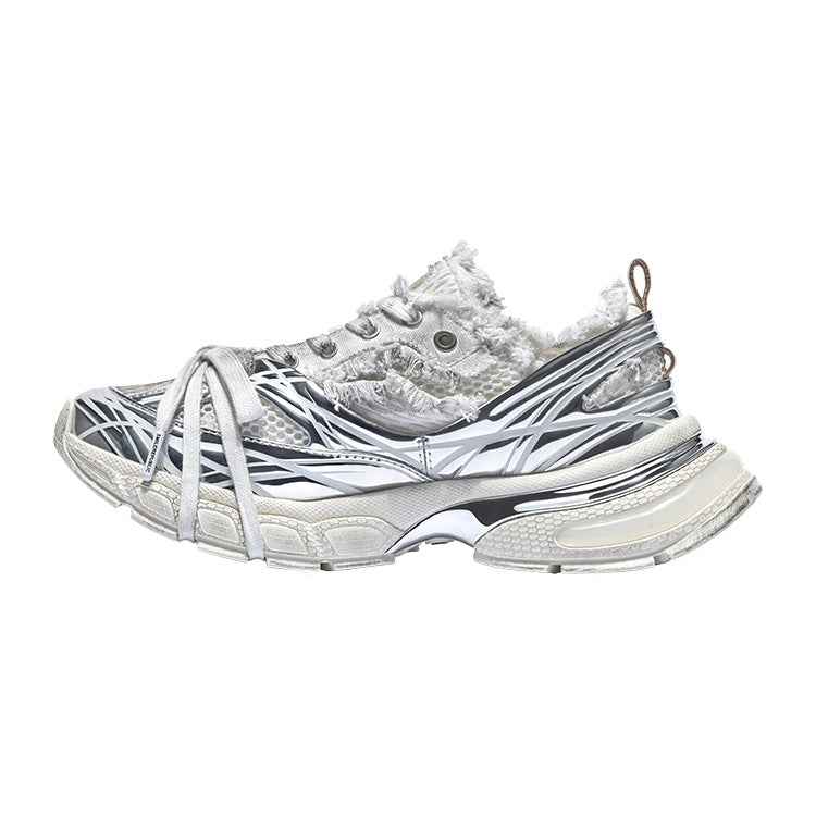 Metallic Silver Mesh Distressed Runner Sneakers, Unisex Low Top Lace Up Shoes