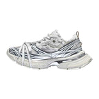Metallic Silver Mesh Distressed Runner Sneakers, Unisex Low Top Lace Up Shoes