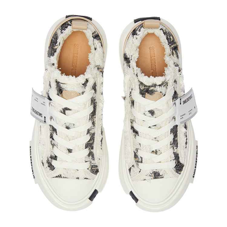 Black and White Herringbone Textured Platform Sneakers, Unisex Low Top Lace Up Shoes