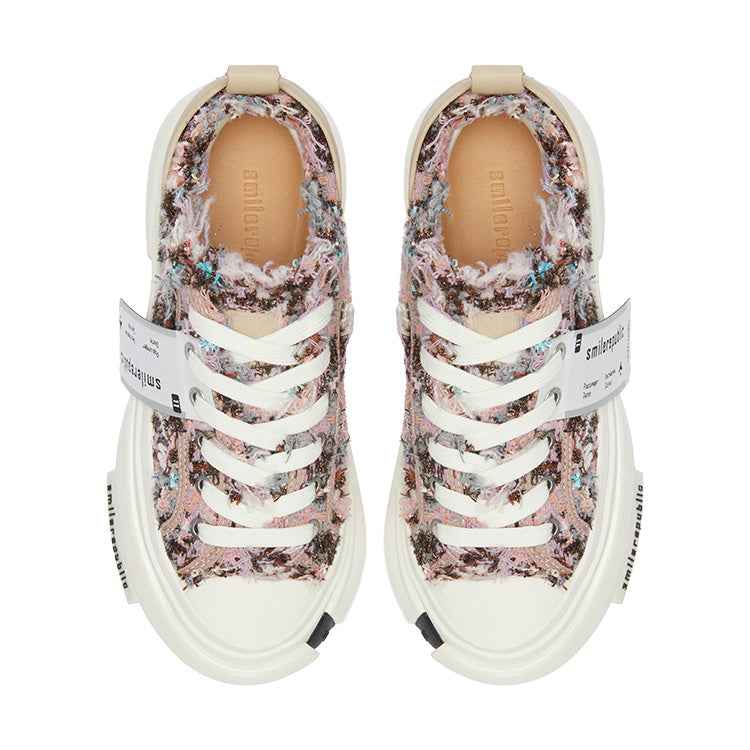 Multicolor Frayed Tweed Platform Sneakers, Unisex Low Top Lace Up Shoes