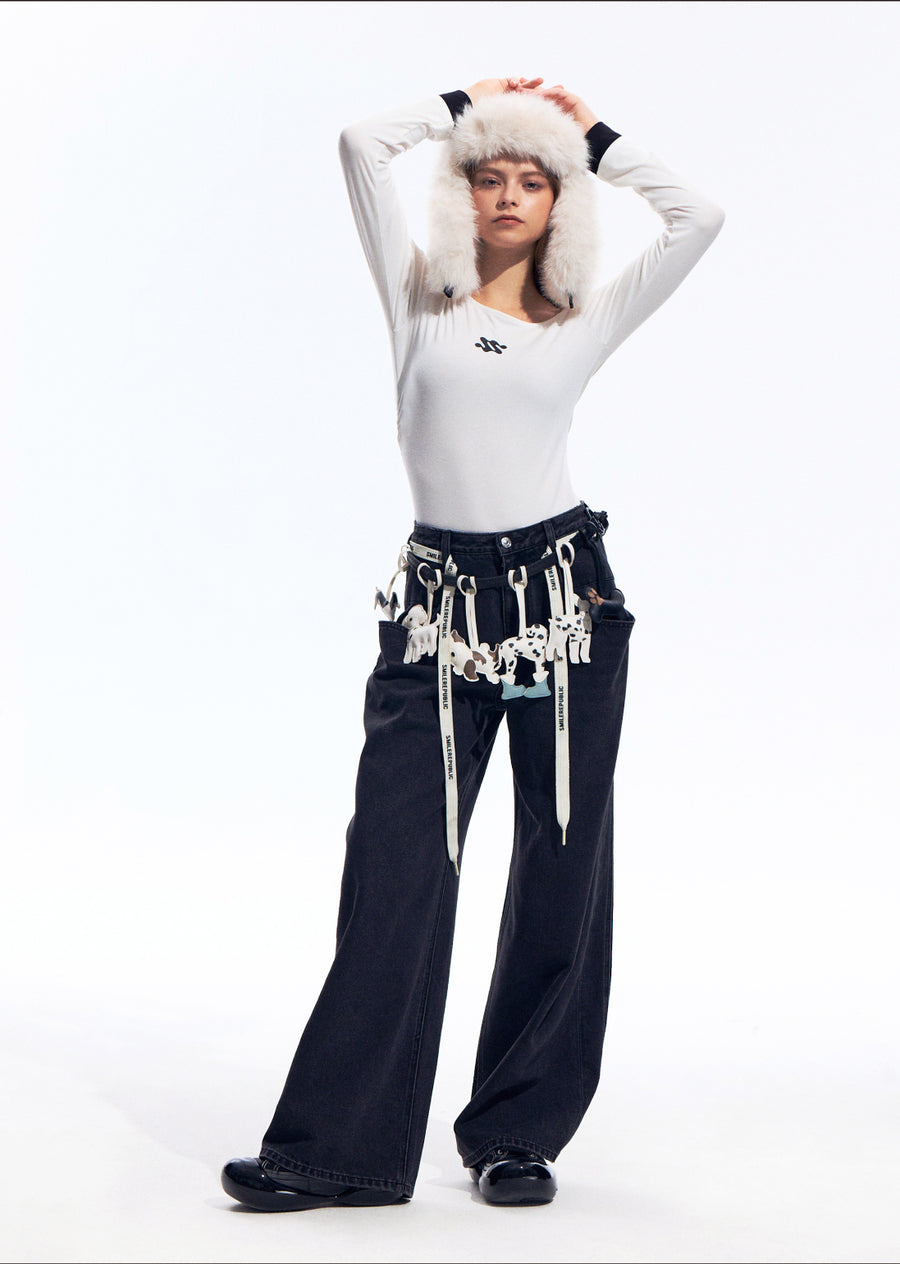 Black Washed Wide Leg Jeans with Adjustable Waist Straps and Relaxed Fit Design 详情图 8
