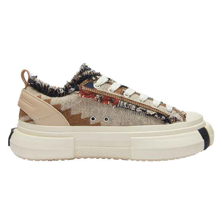 Beige Multicolor Frayed Textile Chunky Sneakers, Unisex Low Top Lace Up Shoes