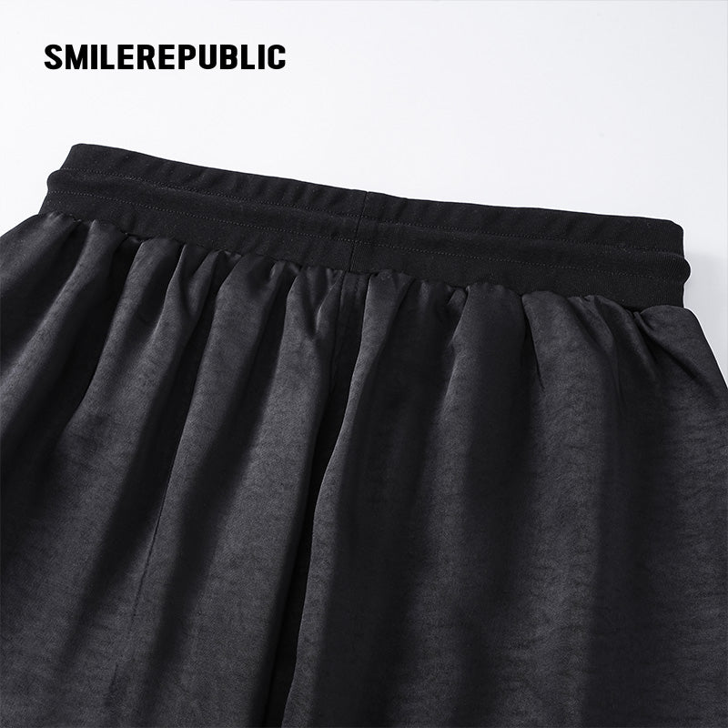 Black Satin Polyester Wide Leg Drawstring Pants with Elastic Waist and Logo Detail