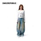 White 100% Cotton Sculptural 3D Bow Long Sleeve Crew Neck Top for Women