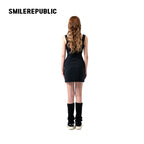 Black Cotton Blend Logo Graphic Scoop Neck Fitted Knit Tank Mini Dress for Women
