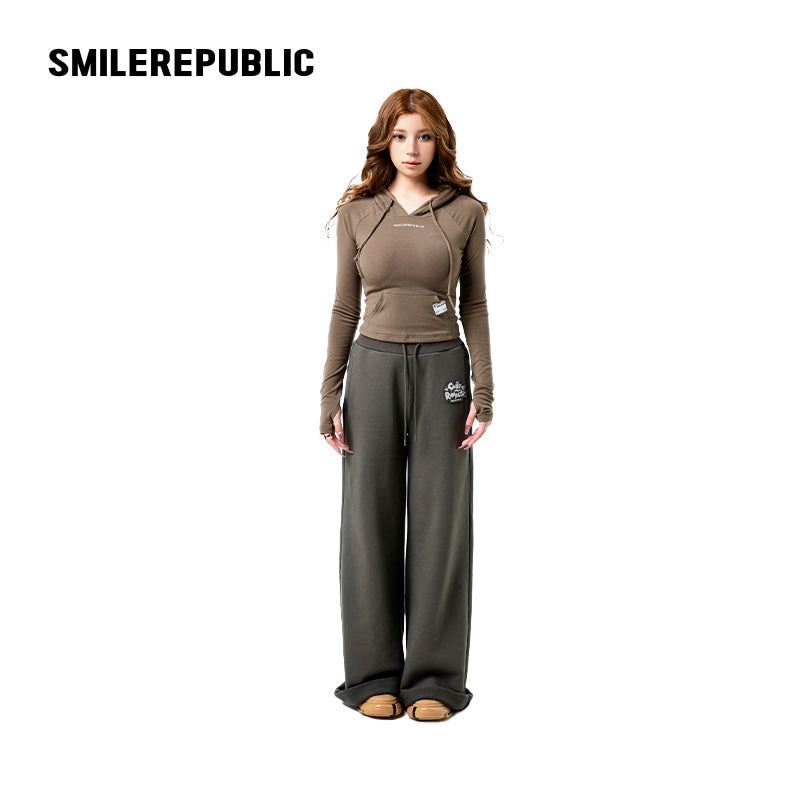 Dark Green 100% Cotton A-Line Wide Leg Sweatpants with Drawstring Waist and Logo Graphic