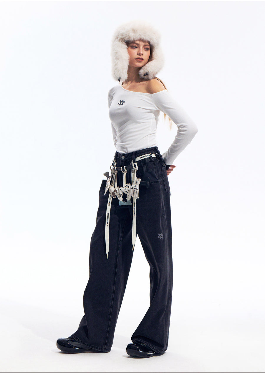 Black Washed Wide Leg Jeans with Adjustable Waist Straps and Relaxed Fit Design 详情图 9