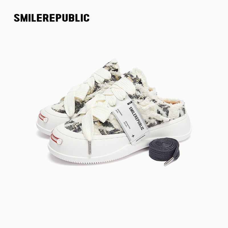 Black and White Herringbone Platform Sneaker Mules with Interchangeable Laces