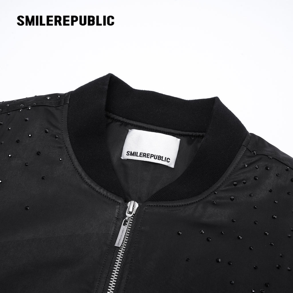 Black Rhinestone Embellished Shimmer Polyester Woven Ruched Sleeve Full Zip Bomber Jacket