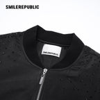 Black Rhinestone Embellished Shimmer Polyester Woven Ruched Sleeve Full Zip Bomber Jacket