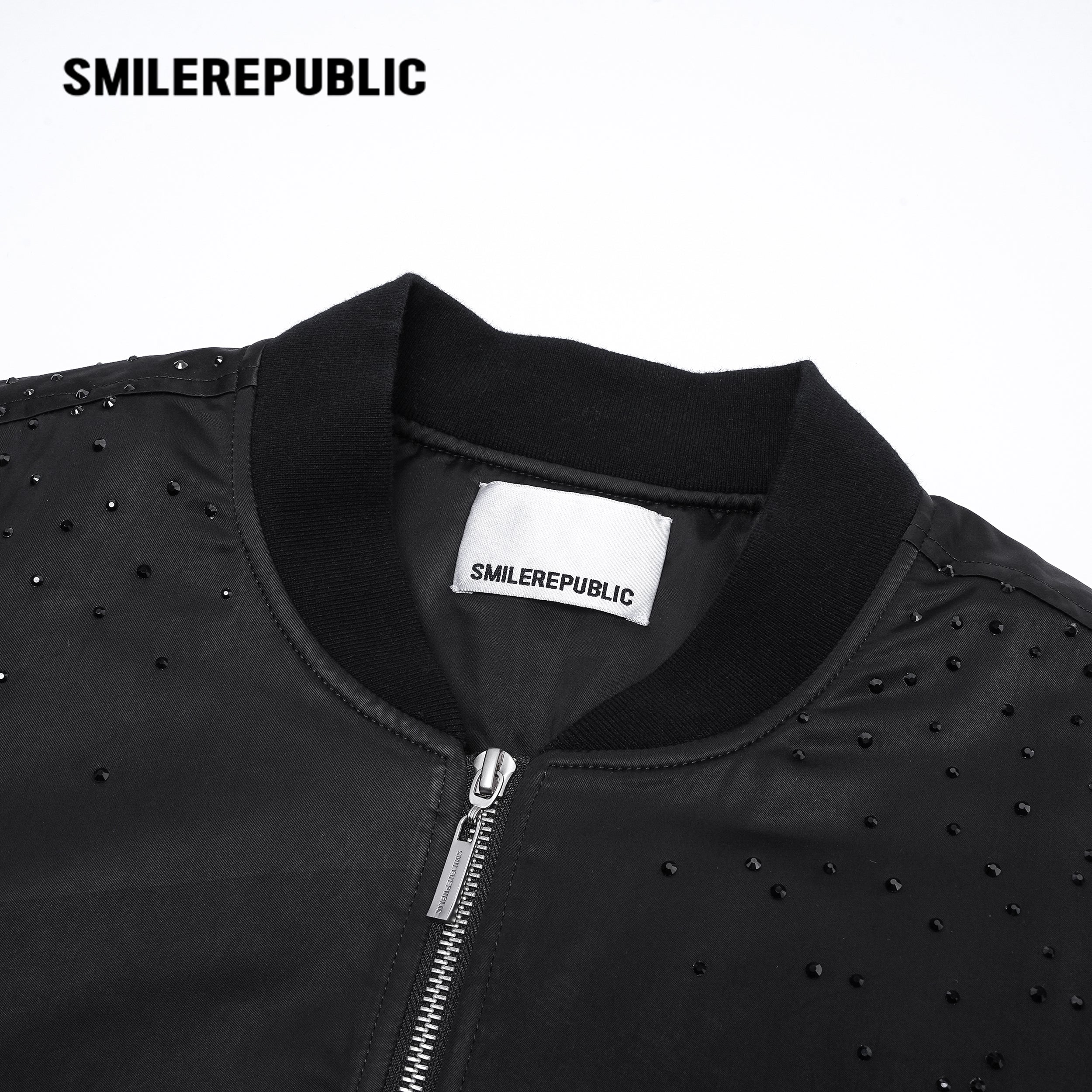 Black Rhinestone Embellished Shimmer Polyester Woven Ruched Sleeve Full Zip Bomber Jacket