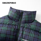 Dark Navy Plaid Polyester 90% White Duck Down Cropped Full Zip Puffer Jacket with Stand Collar