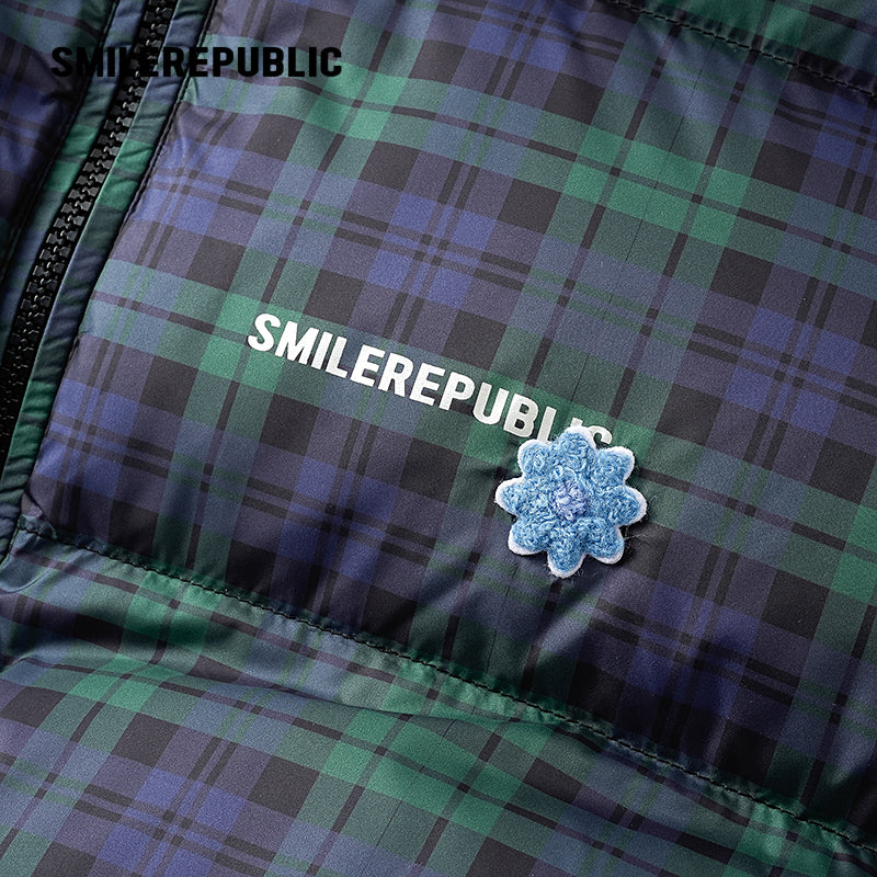 Dark Navy Plaid Polyester 90% White Duck Down Cropped Full Zip Puffer Jacket with Stand Collar