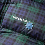 Dark Navy Plaid Polyester 90% White Duck Down Cropped Full Zip Puffer Jacket with Stand Collar