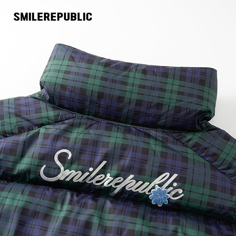 Dark Navy Plaid Polyester 90% White Duck Down Cropped Full Zip Puffer Jacket with Stand Collar