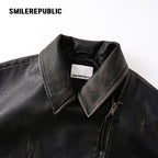 Brown Distressed PU Coated Faux Leather Oversized Asymmetrical Zip Jacket with Logo Back