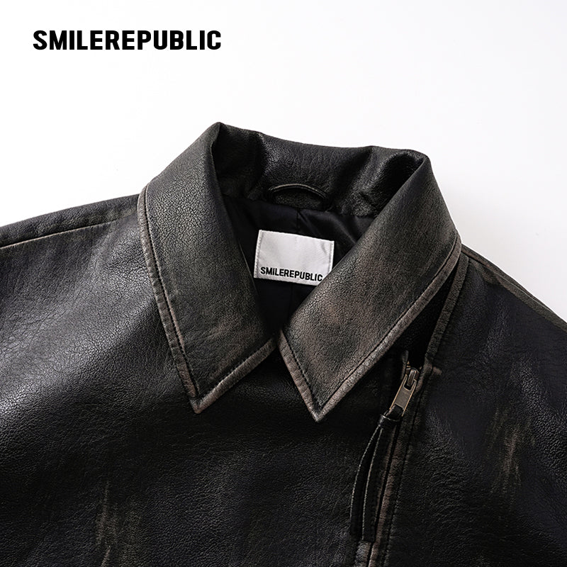 Brown Distressed PU Coated Faux Leather Oversized Asymmetrical Zip Jacket with Logo Back