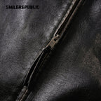 Brown Distressed PU Coated Faux Leather Oversized Asymmetrical Zip Jacket with Logo Back