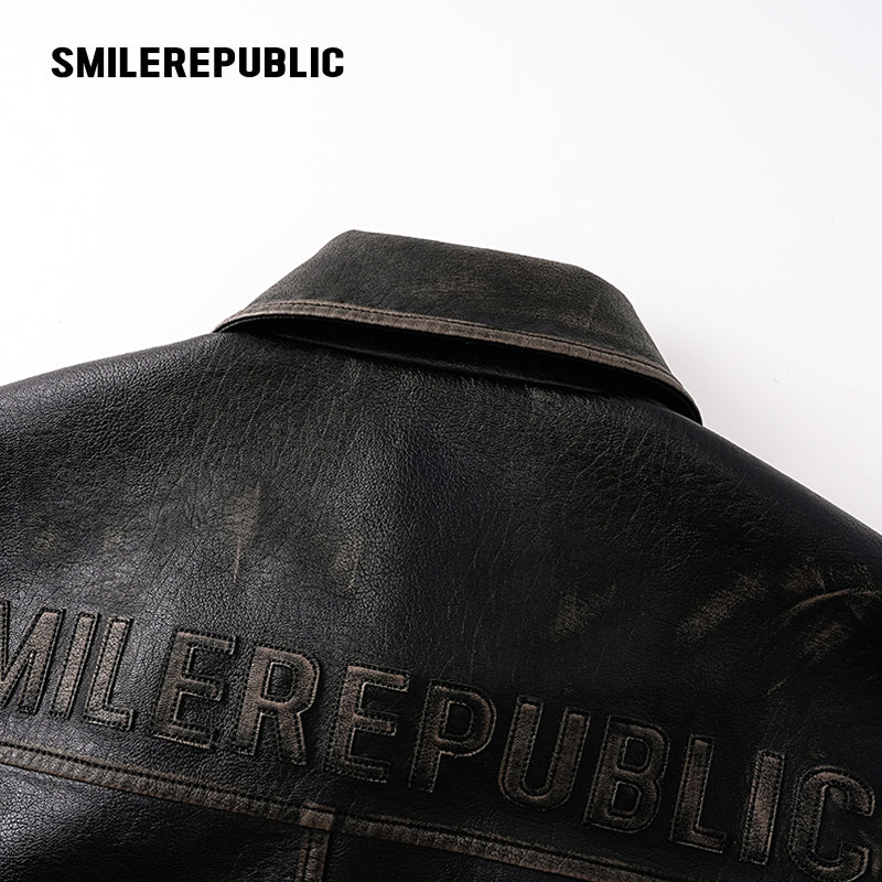 Brown Distressed PU Coated Faux Leather Oversized Asymmetrical Zip Jacket with Logo Back