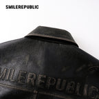 Brown Distressed PU Coated Faux Leather Oversized Asymmetrical Zip Jacket with Logo Back