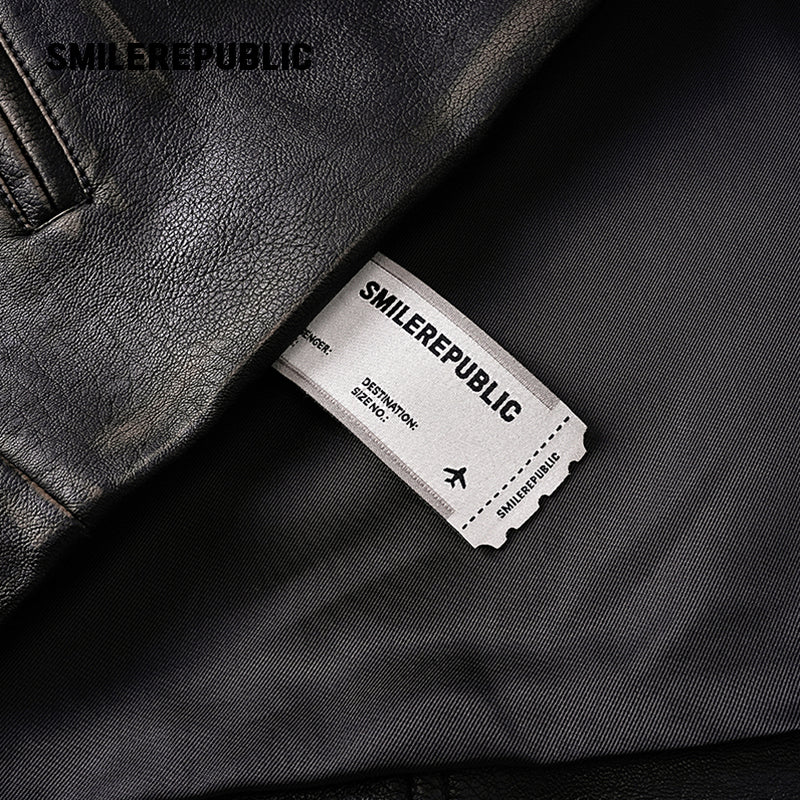 Brown Distressed PU Coated Faux Leather Oversized Asymmetrical Zip Jacket with Logo Back