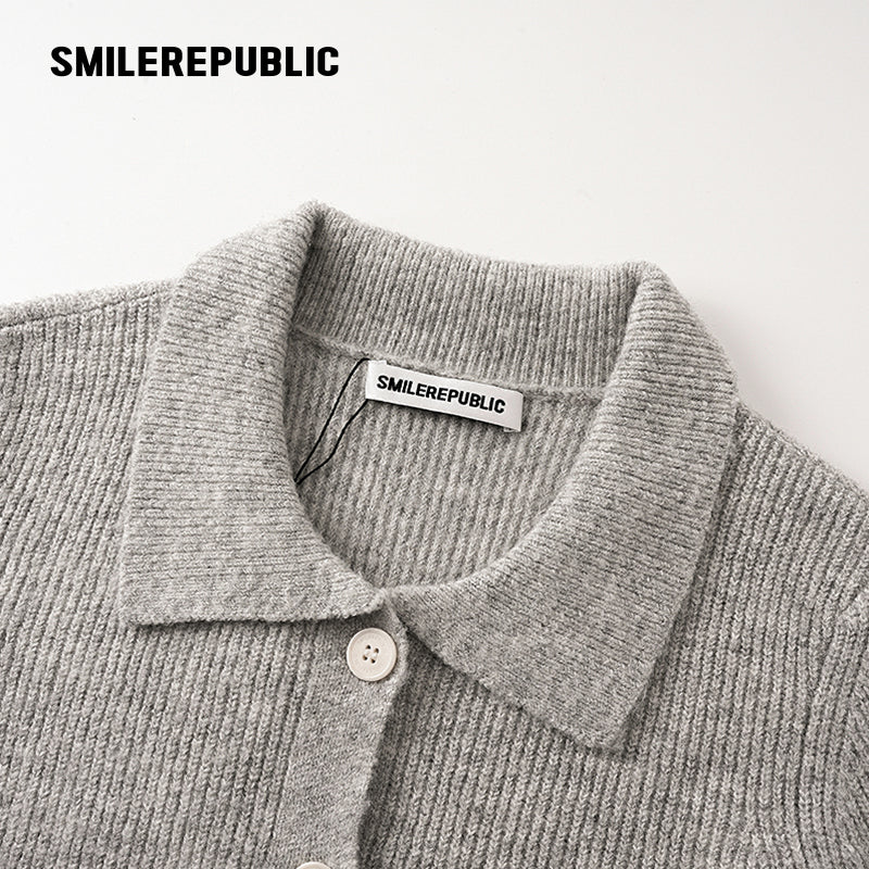 Gray Polyester Blend Ribbed Knit Embroidered Logo Fitted Button-Front Collared Cardigan for Women