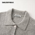 Gray Polyester Blend Ribbed Knit Embroidered Logo Fitted Button-Front Collared Cardigan for Women