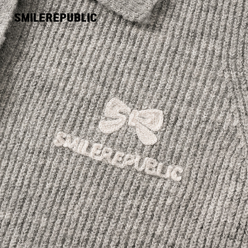 Gray Polyester Blend Ribbed Knit Embroidered Logo Fitted Button-Front Collared Cardigan for Women
