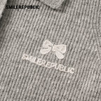 Gray Polyester Blend Ribbed Knit Embroidered Logo Fitted Button-Front Collared Cardigan for Women