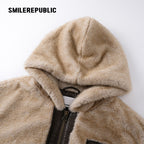 Khaki Polyester Faux Fur Hooded Full Zip Jacket with Graphic Lettering and PU Coated Trim