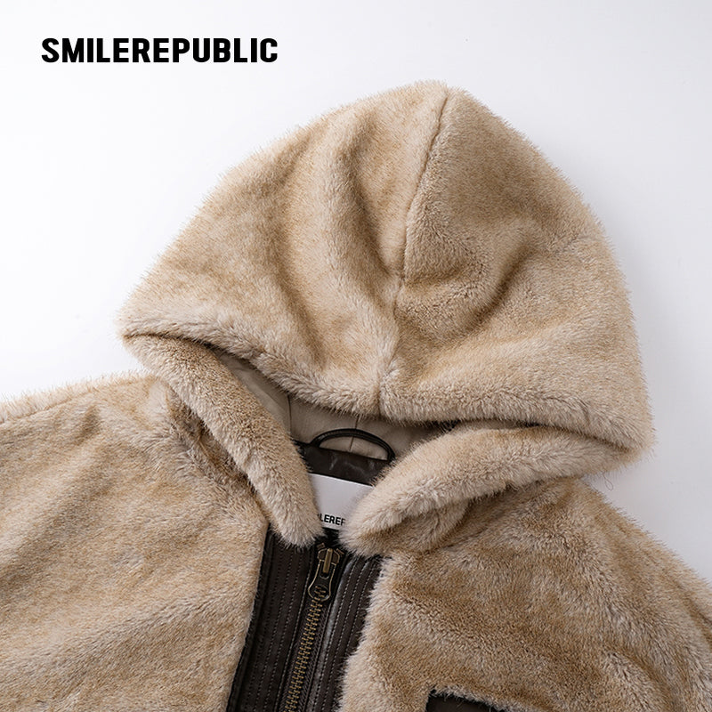 Khaki Polyester Faux Fur Hooded Full Zip Jacket with Graphic Lettering and PU Coated Trim
