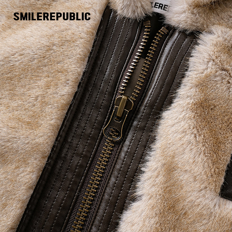 Khaki Polyester Faux Fur Hooded Full Zip Jacket with Graphic Lettering and PU Coated Trim