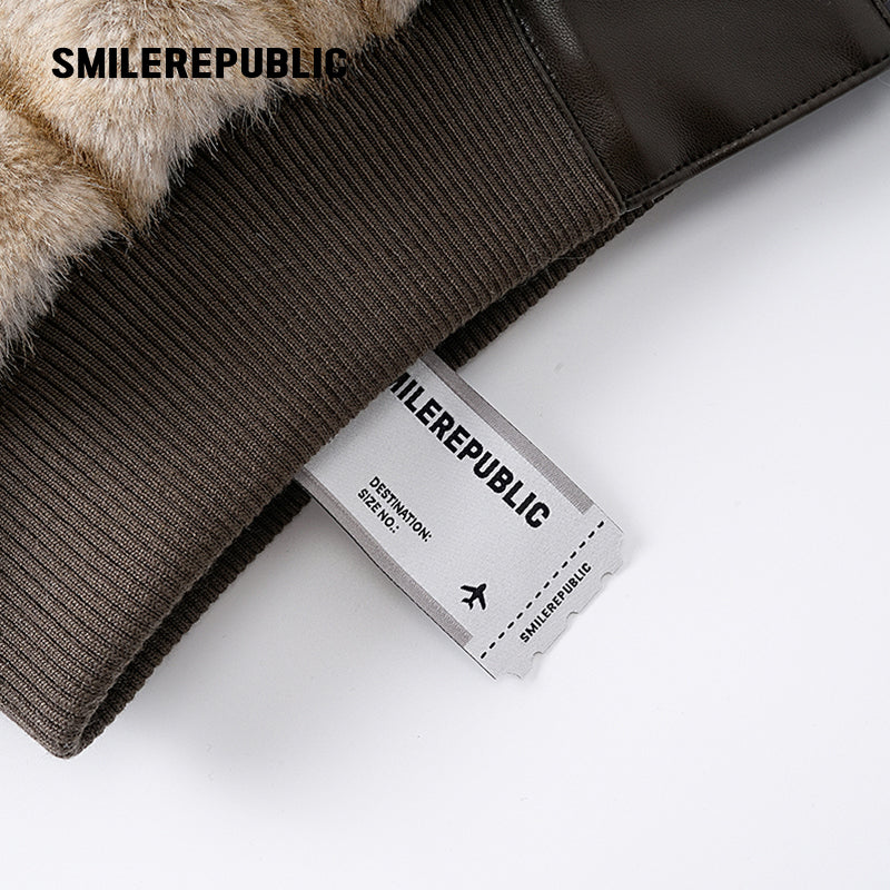 Khaki Polyester Faux Fur Hooded Full Zip Jacket with Graphic Lettering and PU Coated Trim