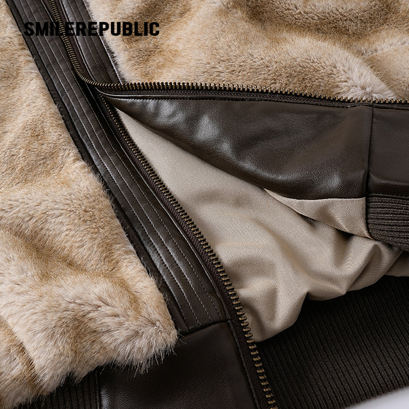 Khaki Polyester Faux Fur Hooded Full Zip Jacket with Graphic Lettering and PU Coated Trim