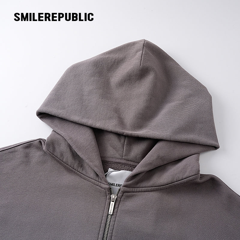Gray Washed Cotton Distressed Full Zip Hoodie with Tonal Logo and Raw Edge Pockets