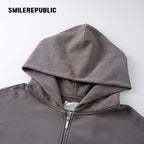 Gray Washed Cotton Distressed Full Zip Hoodie with Tonal Logo and Raw Edge Pockets