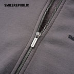 Gray Washed Cotton Distressed Full Zip Hoodie with Tonal Logo and Raw Edge Pockets