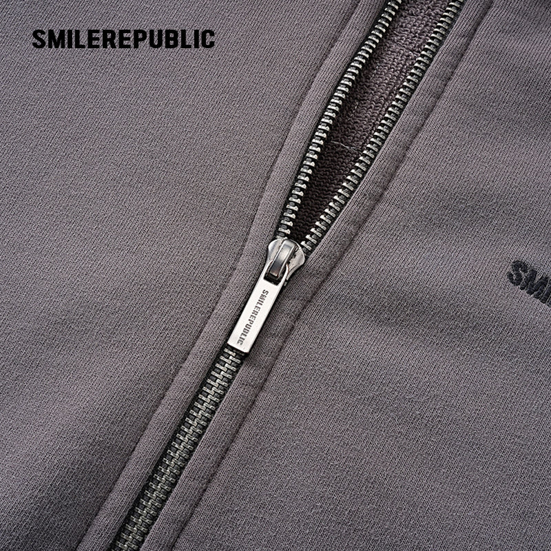 Gray Washed Cotton Distressed Full Zip Hoodie with Tonal Logo and Raw Edge Pockets