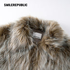 Mottled Khaki/Cream Acrylic Blend Faux Fur Cropped Zip Jacket with Back Logo Embroidery