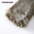 Mottled Khaki/Cream Acrylic Blend Faux Fur Cropped Zip Jacket with Back Logo Embroidery