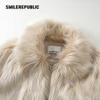 Mottled Khaki/Cream Acrylic Blend Faux Fur Cropped Zip Jacket with Back Logo Embroidery