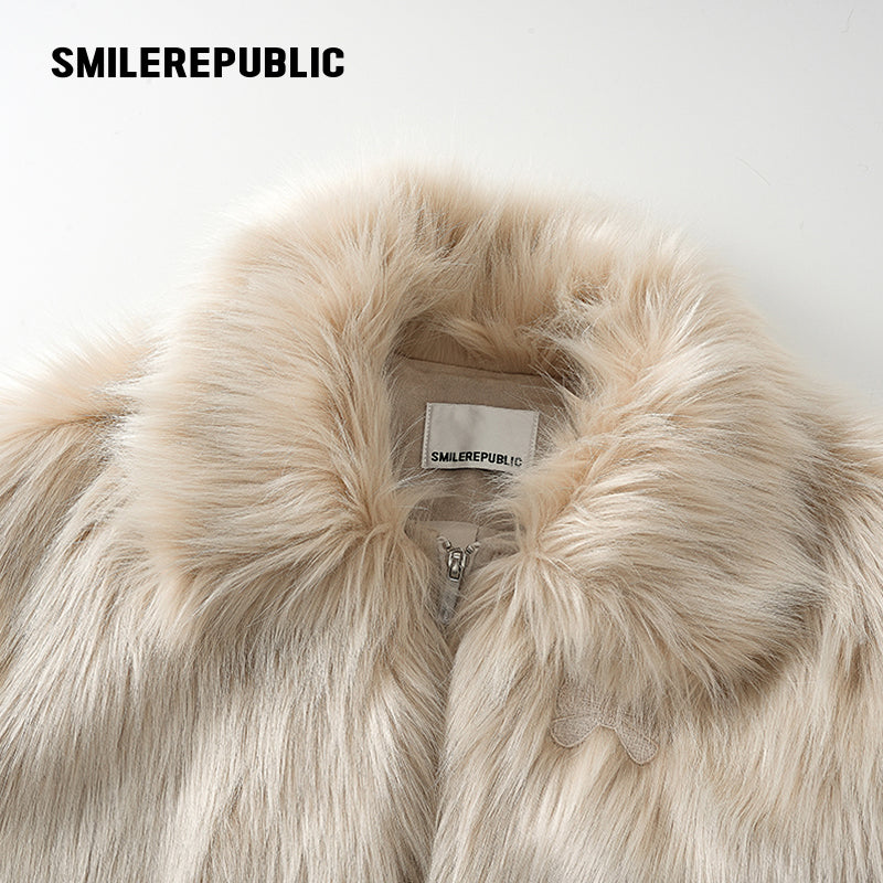 Mottled Khaki/Cream Acrylic Blend Faux Fur Cropped Zip Jacket with Back Logo Embroidery