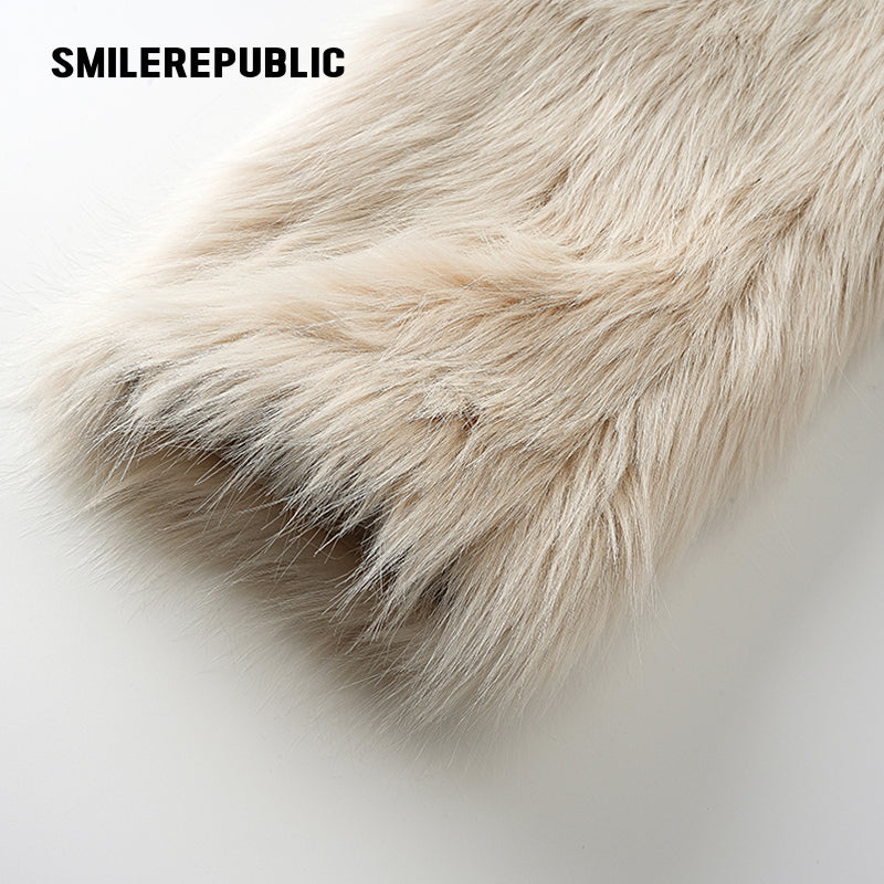 Mottled Khaki/Cream Acrylic Blend Faux Fur Cropped Zip Jacket with Back Logo Embroidery