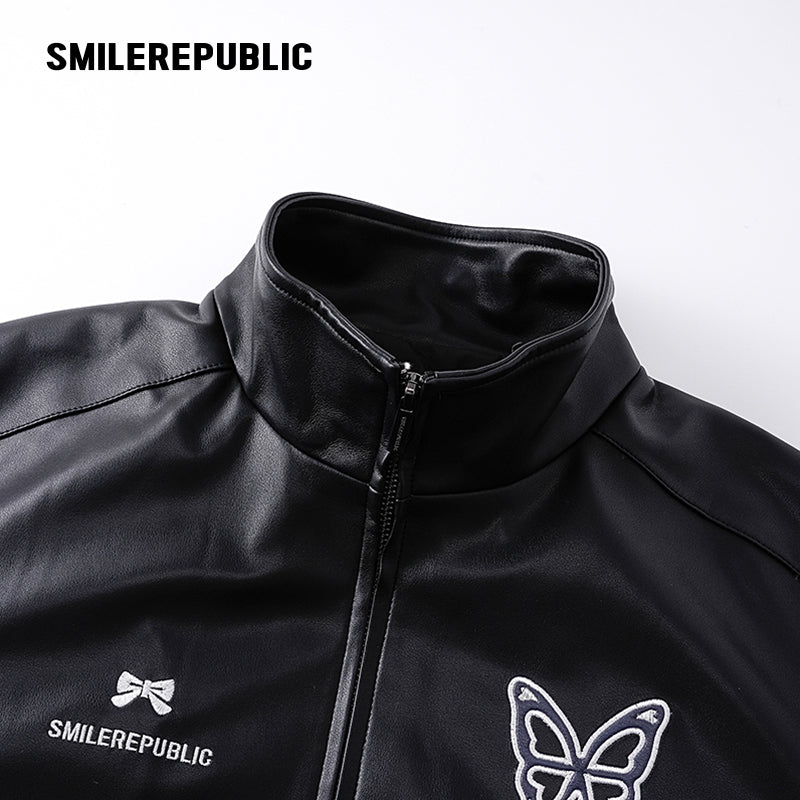 Black Navy and White PU Coated Faux Leather Color Block Butterfly Graphic Stand Collar Zip Jacket