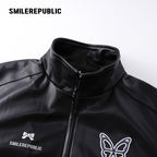 Black Navy and White PU Coated Faux Leather Color Block Butterfly Graphic Stand Collar Zip Jacket