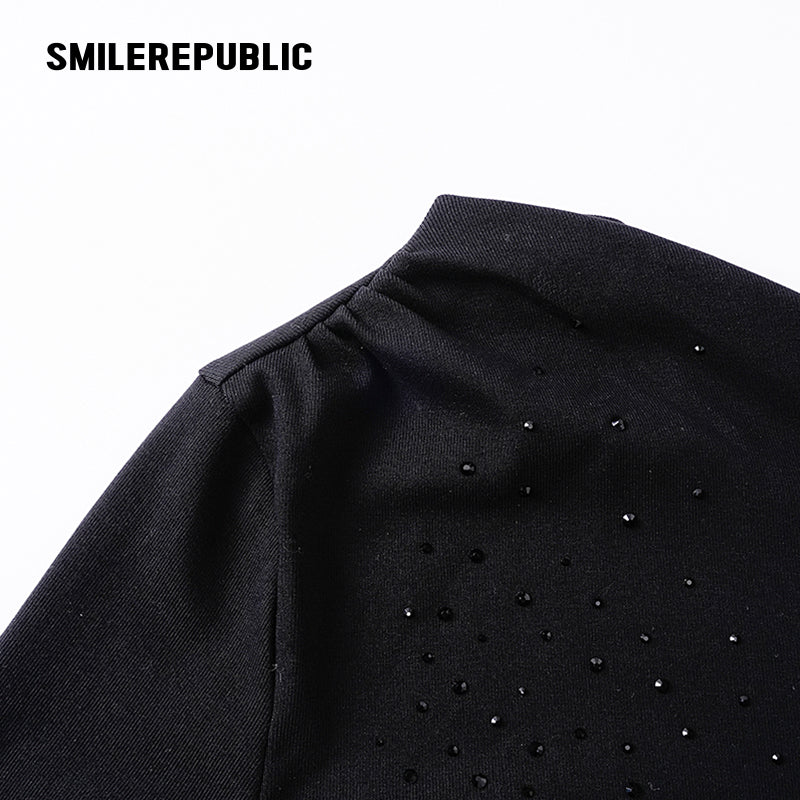 Black Rhinestone Embellished Cotton Blend Asymmetrical Off-Shoulder Long Sleeve Knit Top for Women