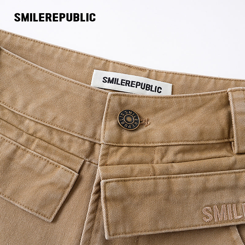 Khaki 100% Cotton Double Waistband Barrel Leg Casual Pants with Logo Detail