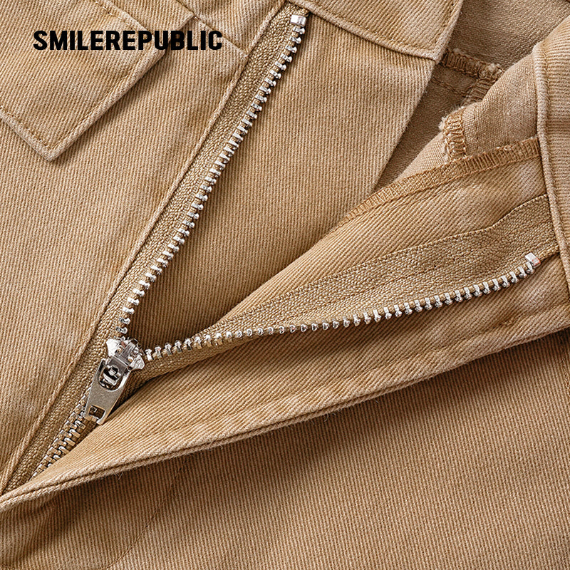 Khaki 100% Cotton Double Waistband Barrel Leg Casual Pants with Logo Detail