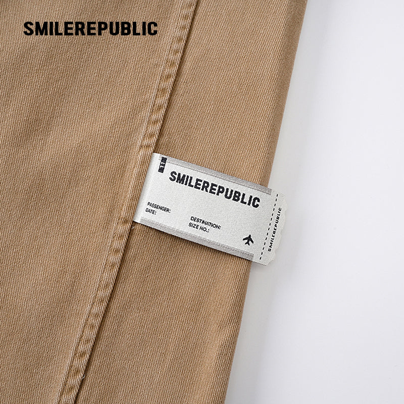 Khaki 100% Cotton Double Waistband Barrel Leg Casual Pants with Logo Detail