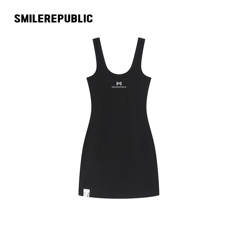 Black Cotton Blend Logo Graphic Scoop Neck Fitted Knit Tank Mini Dress for Women